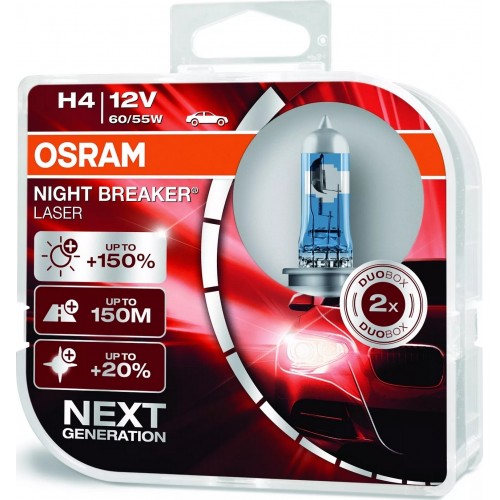 Лампа автомобильная H4 OSRAM NIGHT BREAKER LASER +150% (пластиковый бокс 2 шт.) 64193NL-HCB