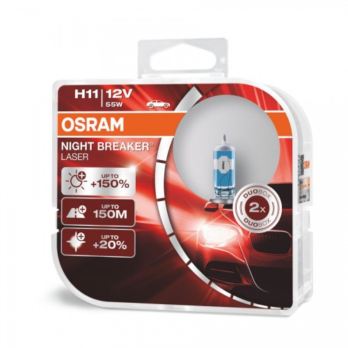 Лампа автомобильная галогенная Osram OSRAM NIGHT BREAKER LASER, H11, 12V, цоколь PGJ19-2, 2 шт