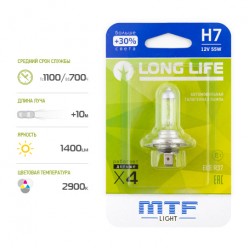 Галогенная лампа MTF light H7 12V 55W LONG LIFE x4 блистер